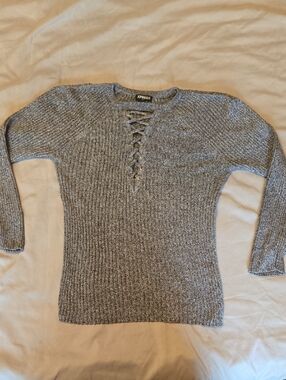 Express Gray Ribbed Lace-Up Crewneck Sweater